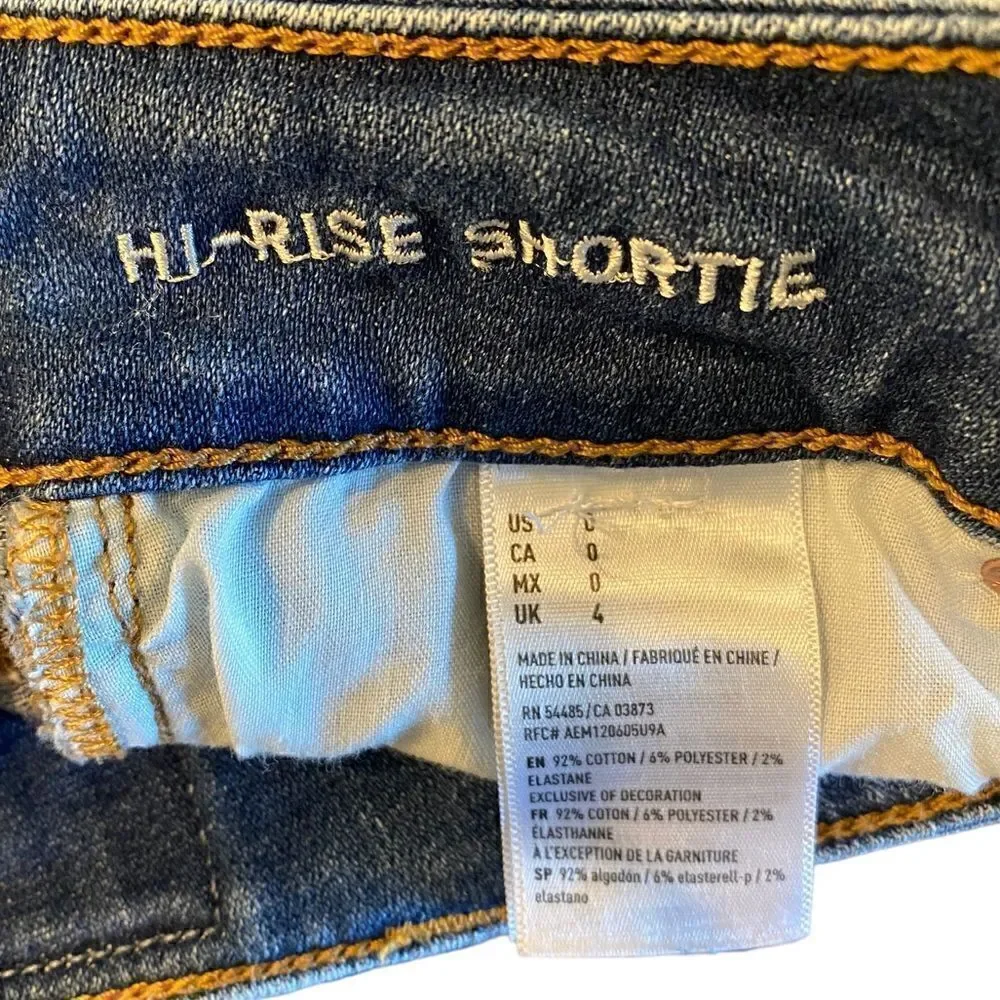 American Eagle Sz 0 Blue Denim Distressed Hi-Rise Shortie Super Stretch Shorts